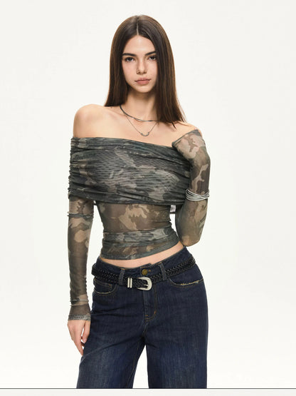 KVKV Yoga Clothing Brand - Camouflage Mesh Off Shoulder Top