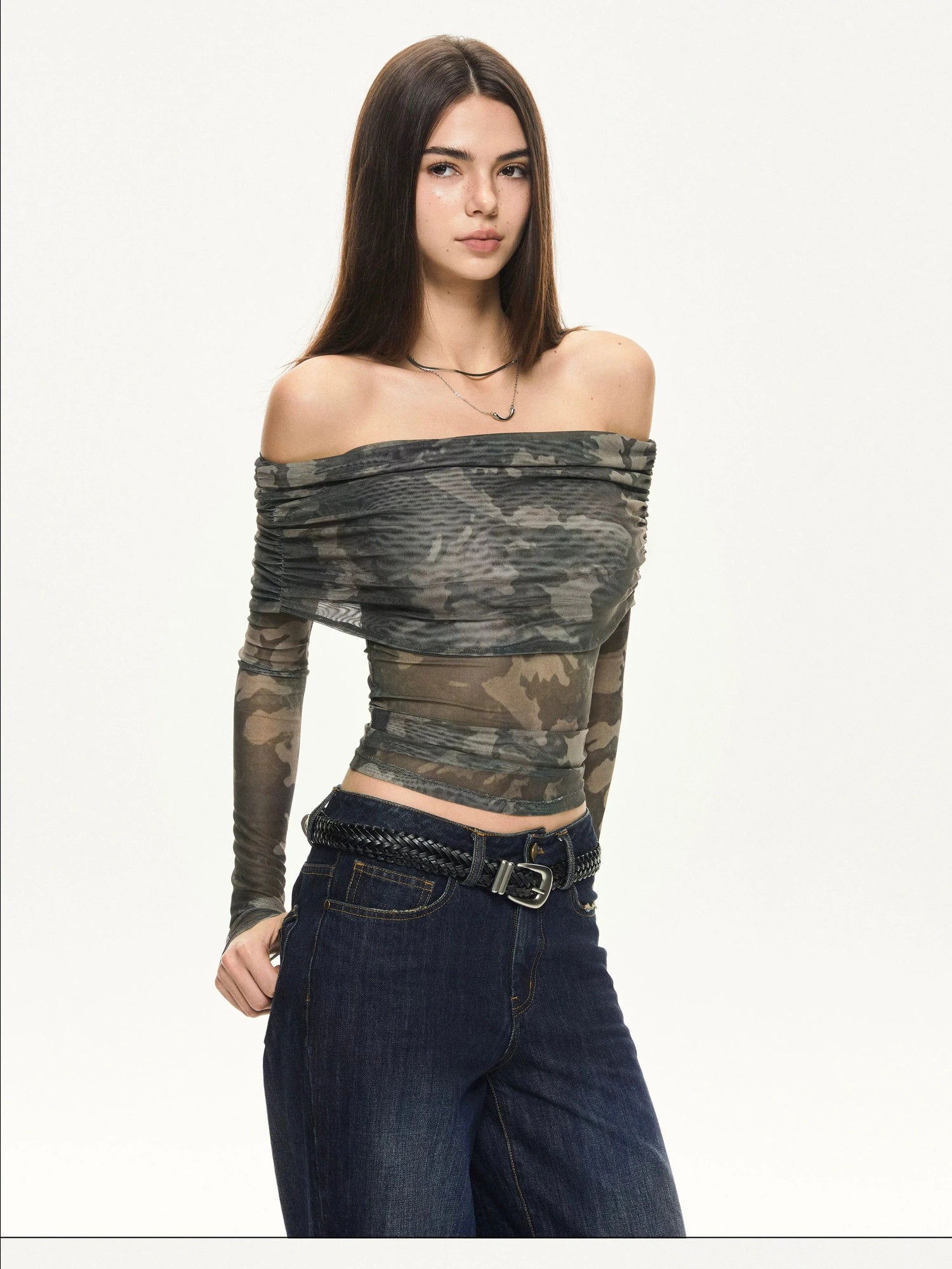 KVKV Yoga Clothing Brand - Camouflage Mesh Off Shoulder Top