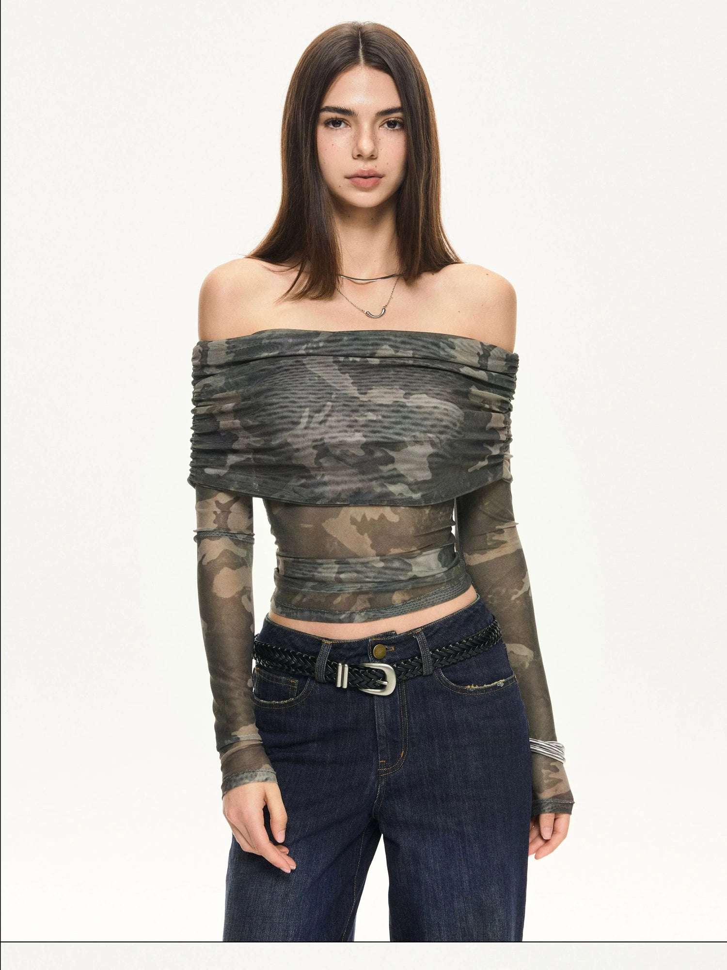 KVKV Yoga Clothing Brand - Camouflage Mesh Off Shoulder Top