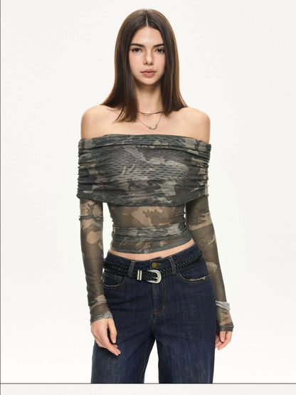 KVKV Yoga Clothing Brand - Camouflage Mesh Off Shoulder Top
