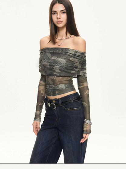 KVKV Yoga Clothing Brand - Camouflage Mesh Off Shoulder Top