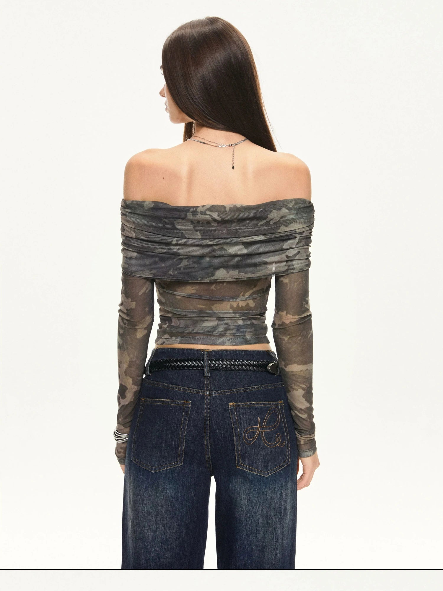 KVKV Yoga Clothing Brand - Camouflage Mesh Off Shoulder Top