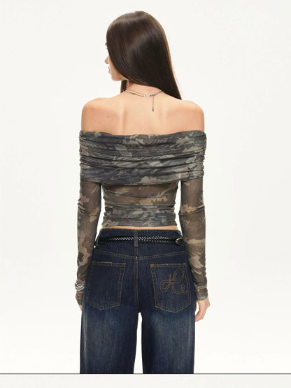 KVKV Yoga Clothing Brand - Camouflage Mesh Off Shoulder Top