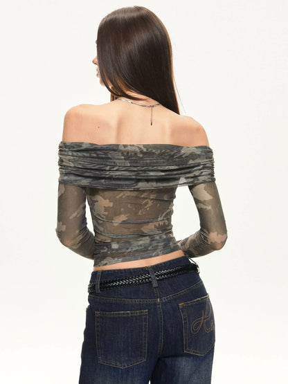 KVKV Yoga Clothing Brand - Camouflage Mesh Off Shoulder Top