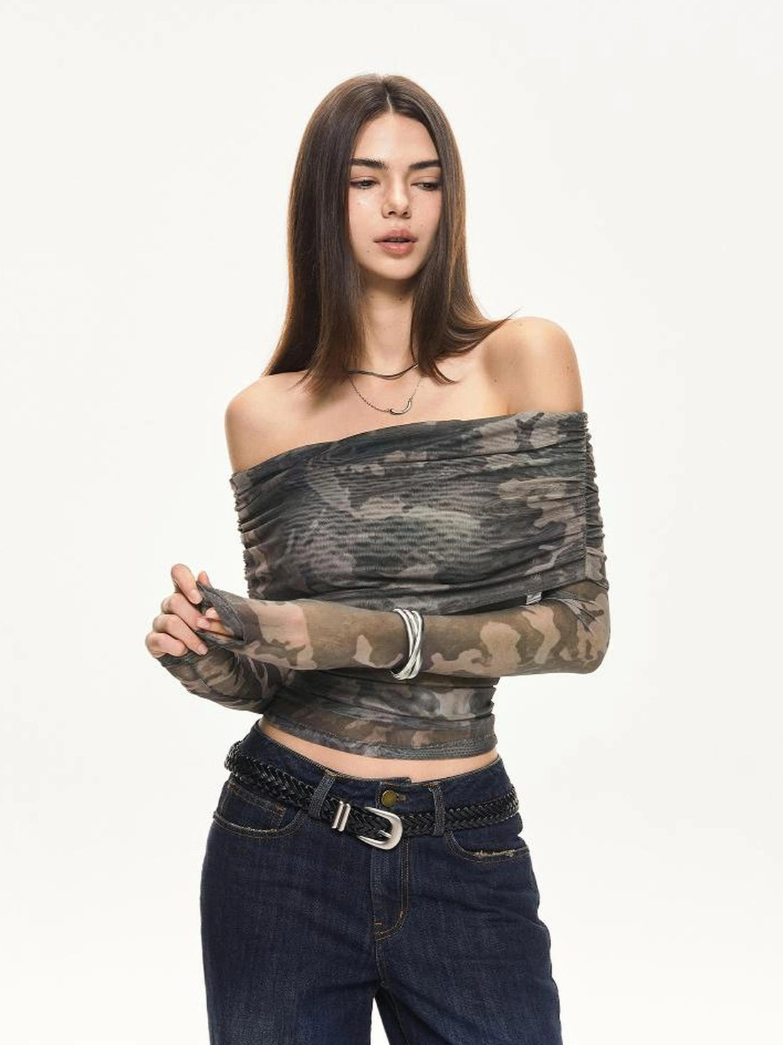 KVKV Yoga Clothing Brand - Camouflage Mesh Off Shoulder Top