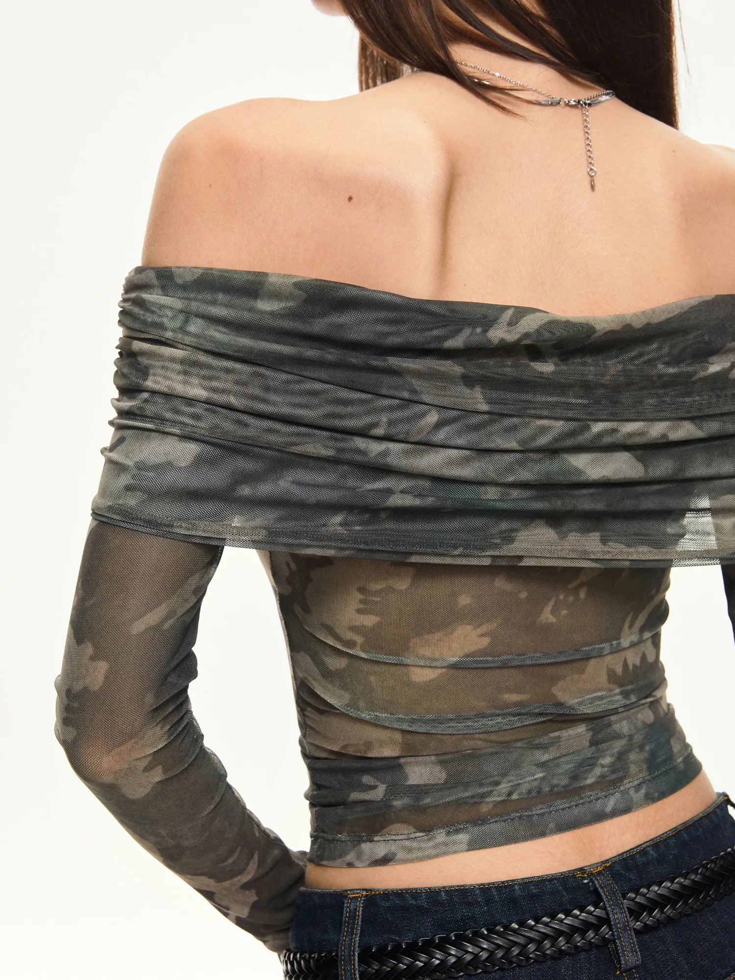 KVKV Yoga Clothing Brand - Camouflage Mesh Off Shoulder Top