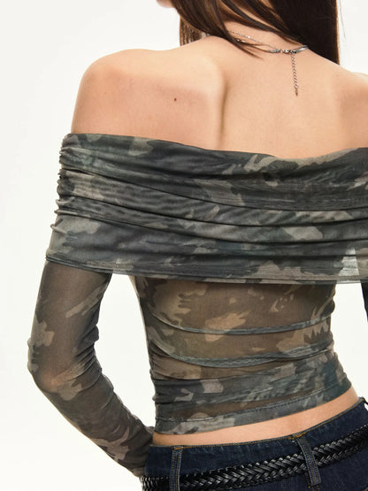 KVKV Yoga Clothing Brand - Camouflage Mesh Off Shoulder Top