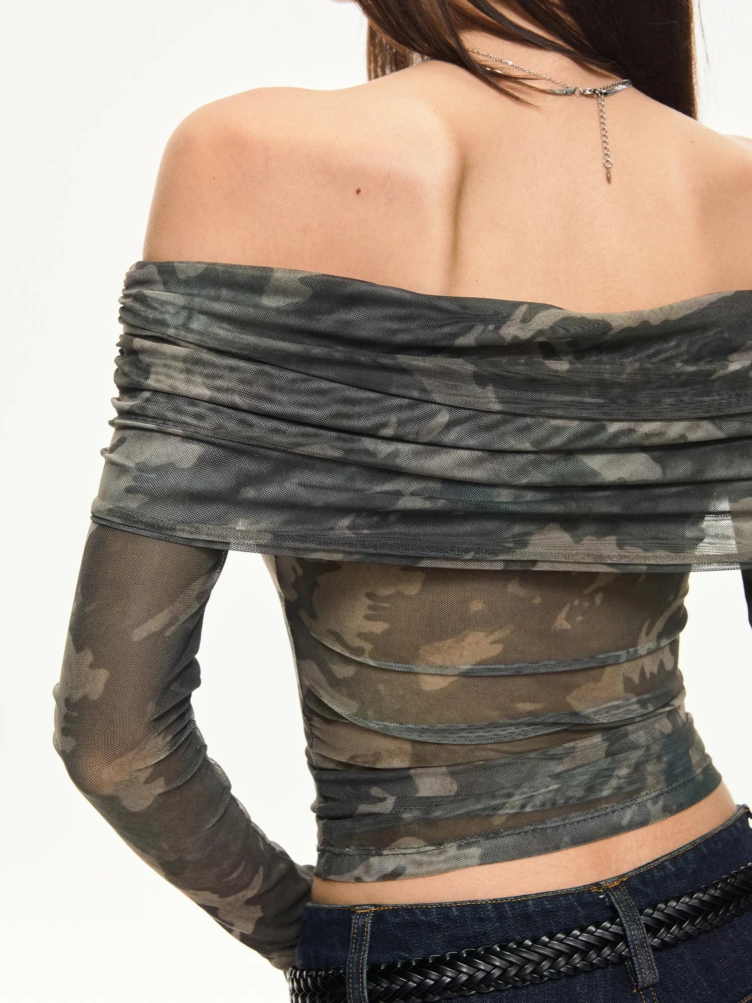 KVKV Yoga Clothing Brand - Camouflage Mesh Off Shoulder Top