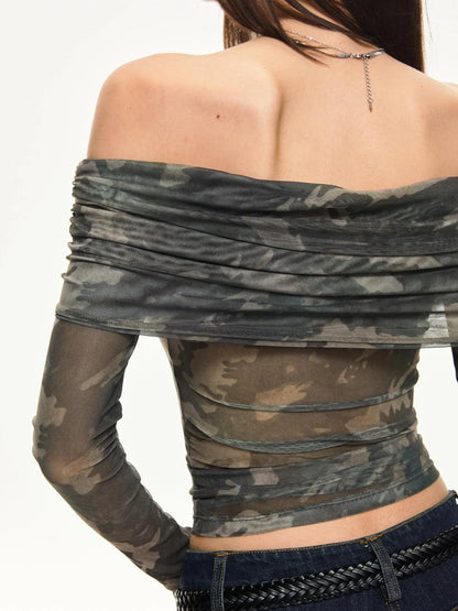 KVKV Yoga Clothing Brand - Camouflage Mesh Off Shoulder Top