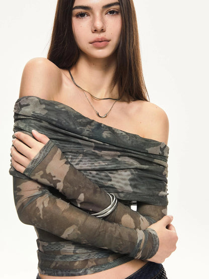 KVKV Yoga Clothing Brand - Camouflage Mesh Off Shoulder Top