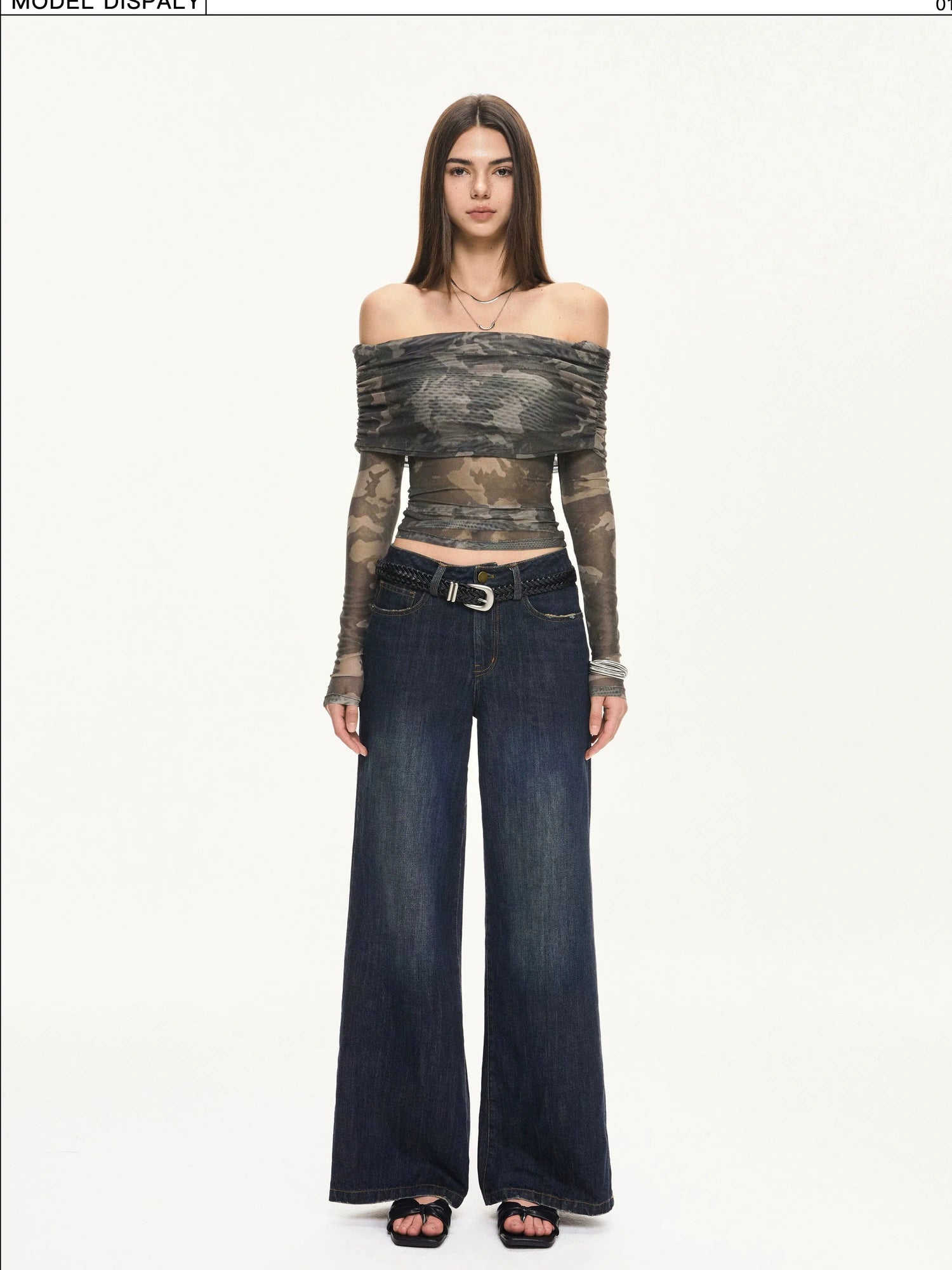 KVKV Yoga Clothing Brand - Camouflage Mesh Off Shoulder Top