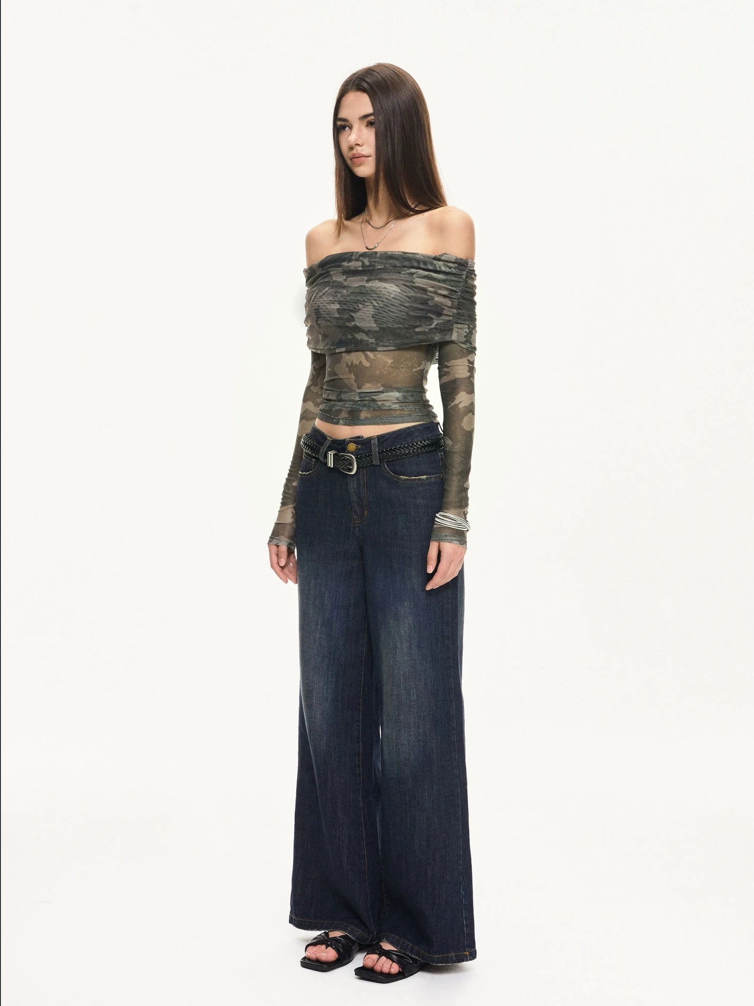 KVKV Yoga Clothing Brand - Camouflage Mesh Off Shoulder Top