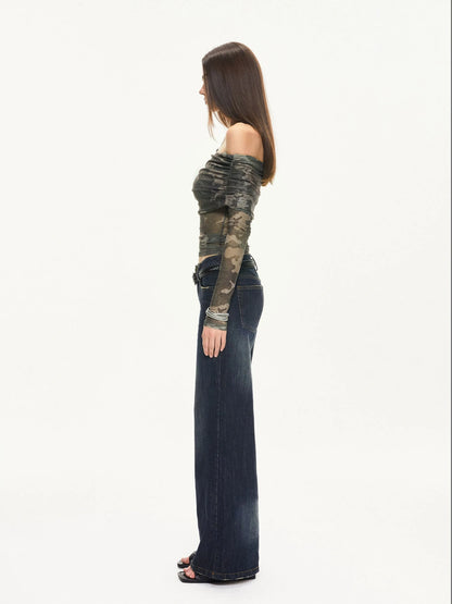 KVKV Yoga Clothing Brand - Camouflage Mesh Off Shoulder Top