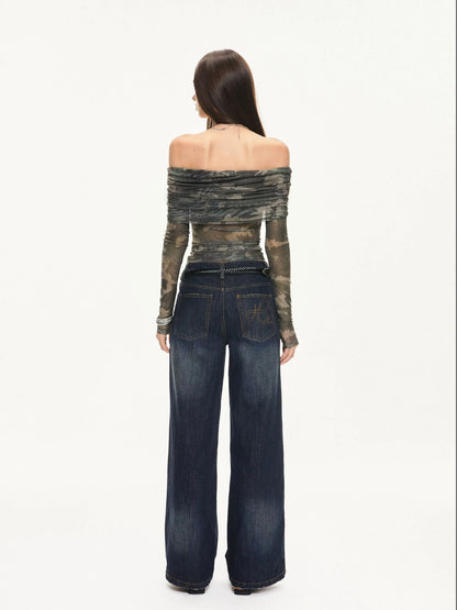 KVKV Yoga Clothing Brand - Camouflage Mesh Off Shoulder Top