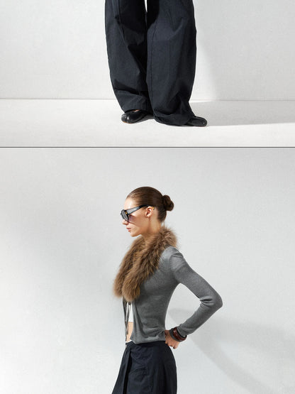kvkv Cashmere Blend Gray Knit Cardigan With Detachable Raccoon Fur Collar