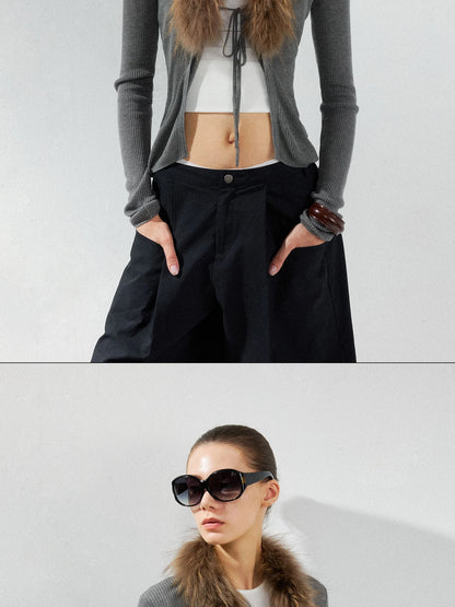 kvkv Cashmere Blend Gray Knit Cardigan With Detachable Raccoon Fur Collar