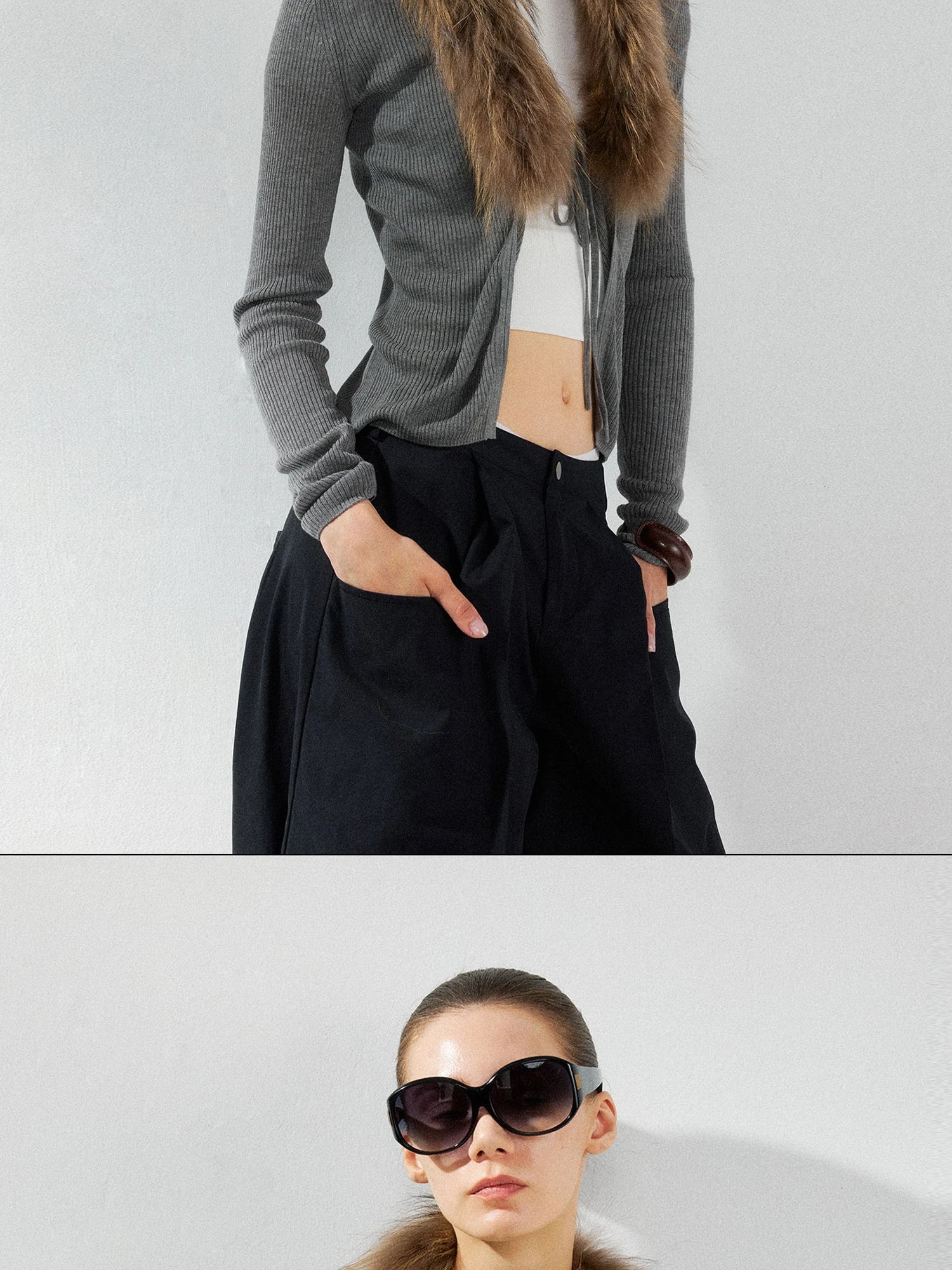 kvkv Cashmere Blend Gray Knit Cardigan With Detachable Raccoon Fur Collar