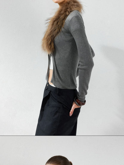 kvkv Cashmere Blend Gray Knit Cardigan With Detachable Raccoon Fur Collar