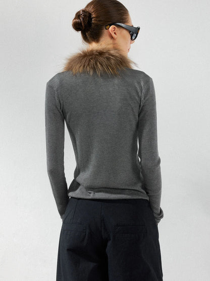 kvkv Cashmere Blend Gray Knit Cardigan With Detachable Raccoon Fur Collar