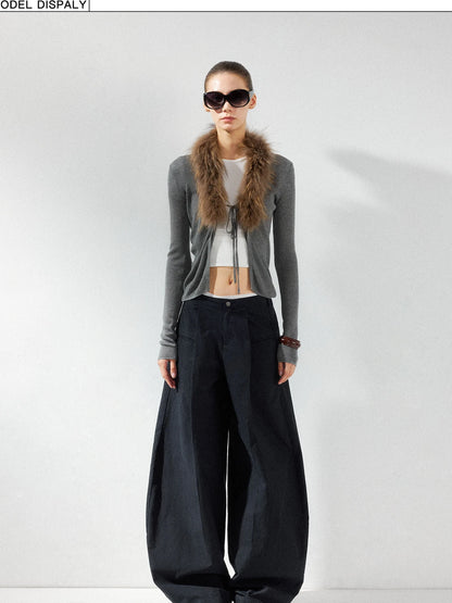 kvkv Cashmere Blend Gray Knit Cardigan With Detachable Raccoon Fur Collar