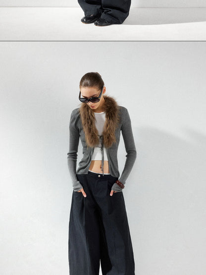 kvkv Cashmere Blend Gray Knit Cardigan With Detachable Raccoon Fur Collar