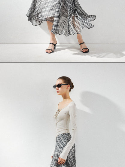 kvkv Checkered Asymmetrical Hem Flowy Skirt