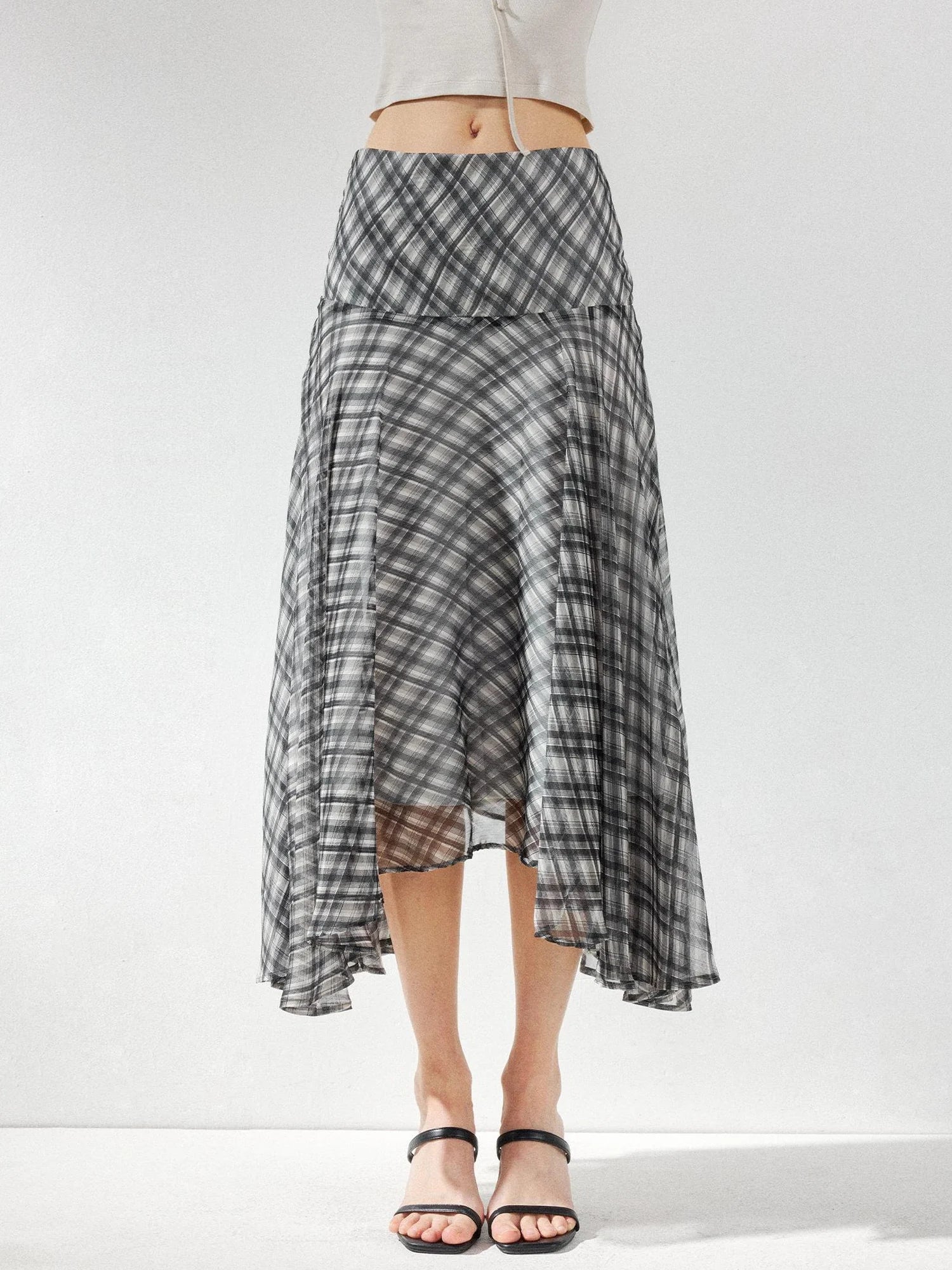 kvkv Checkered Asymmetrical Hem Flowy Skirt