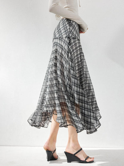 kvkv Checkered Asymmetrical Hem Flowy Skirt