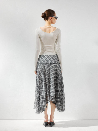 kvkv Checkered Asymmetrical Hem Flowy Skirt