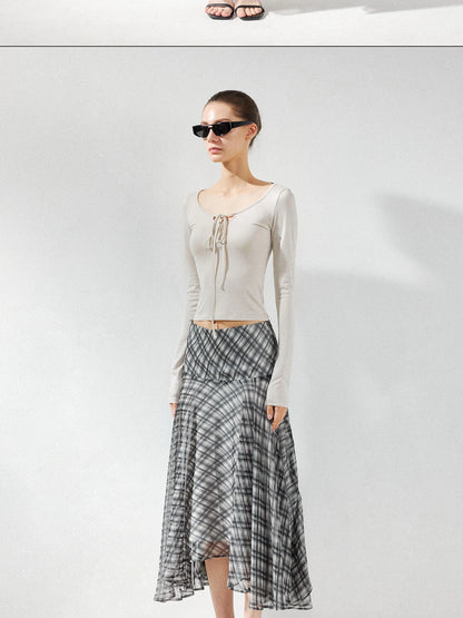 kvkv Checkered Asymmetrical Hem Flowy Skirt
