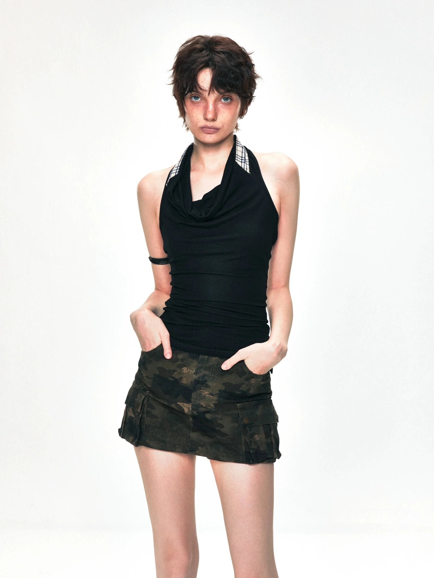 kvkv Checkered Cowl Neck Halter Top