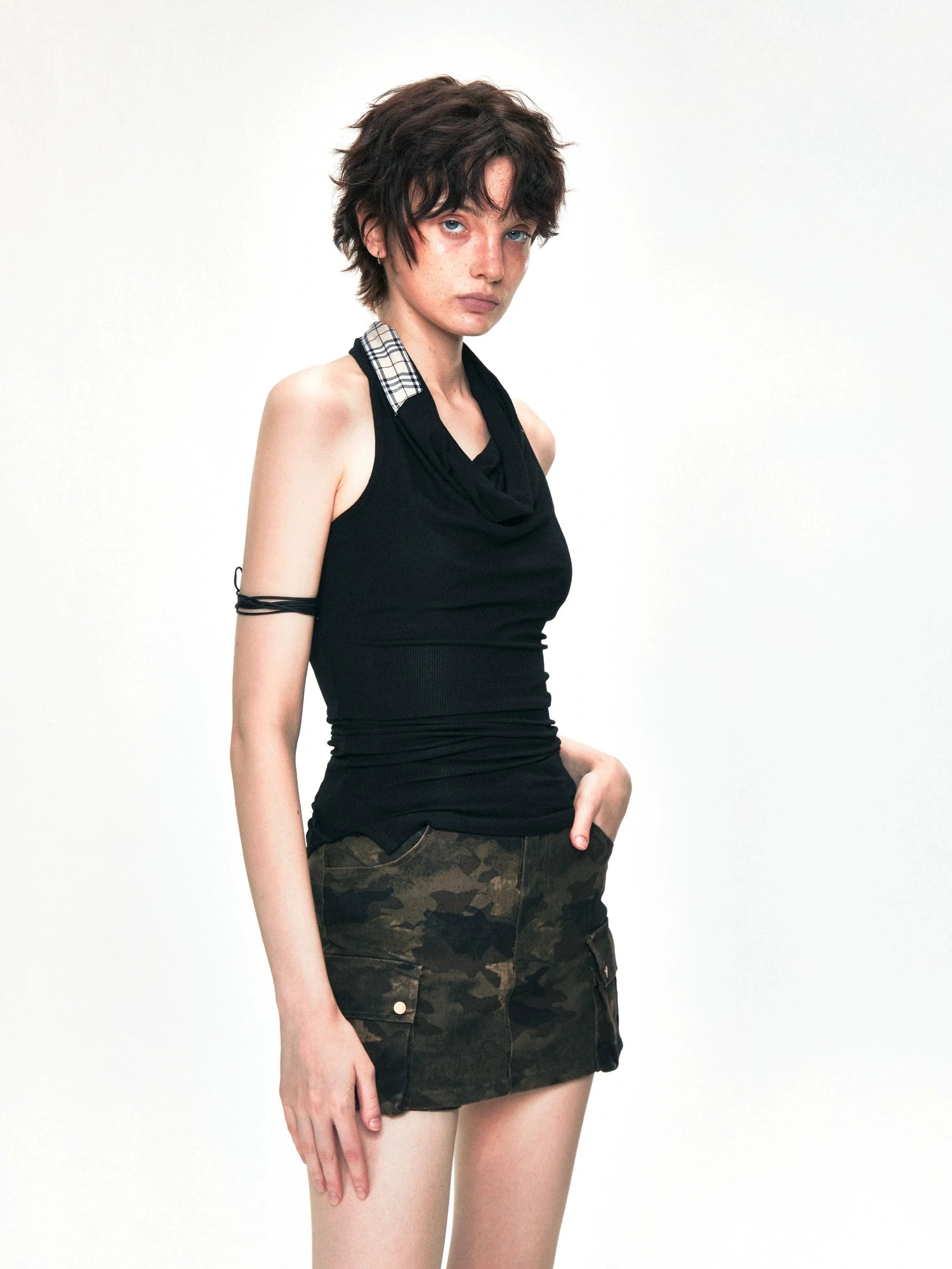 kvkv Checkered Cowl Neck Halter Top