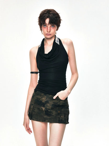 kvkv Checkered Cowl Neck Halter Top