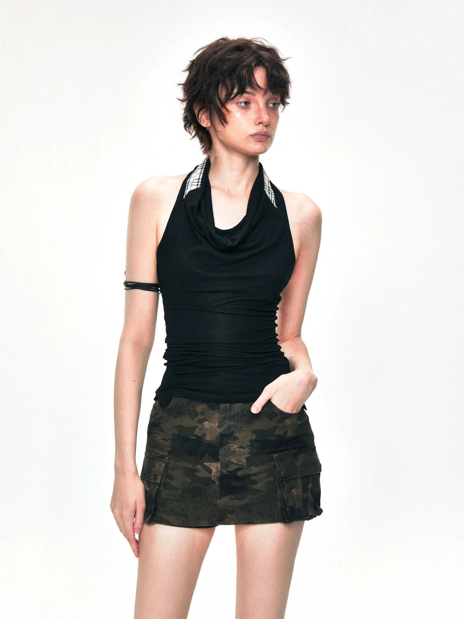 kvkv Checkered Cowl Neck Halter Top