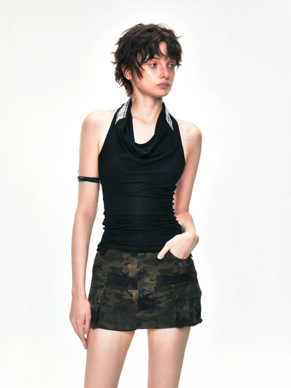 kvkv Checkered Cowl Neck Halter Top
