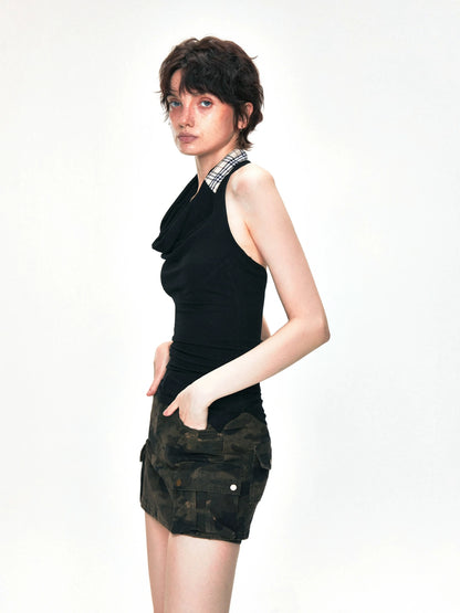 kvkv Checkered Cowl Neck Halter Top
