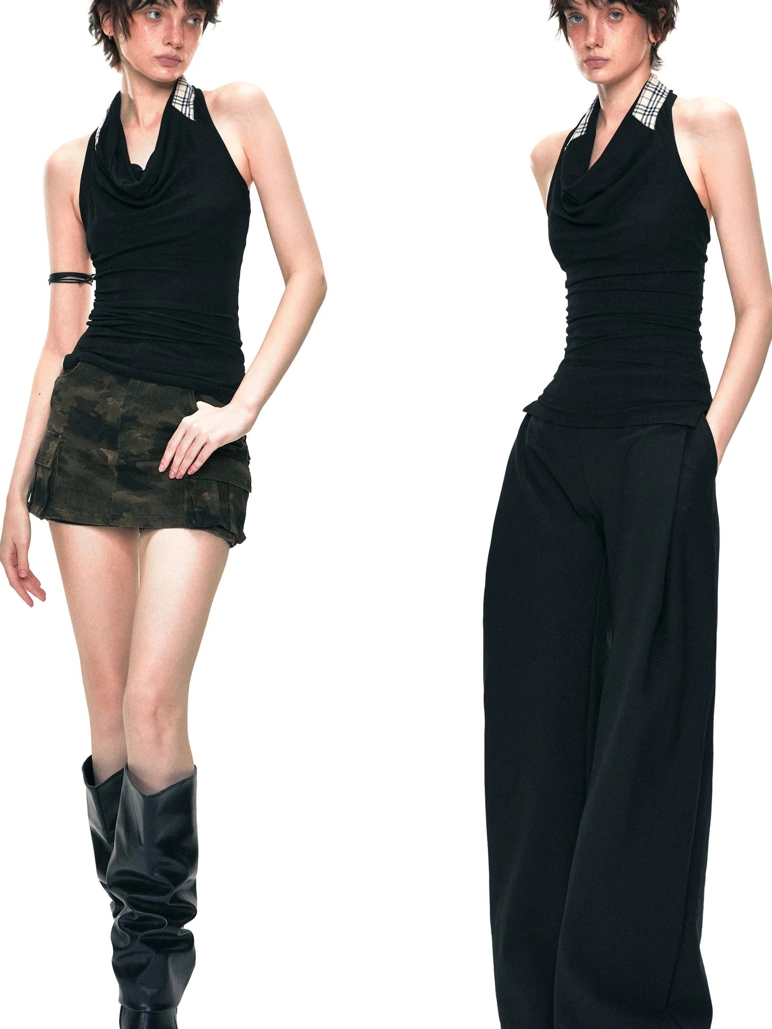 kvkv Checkered Cowl Neck Halter Top