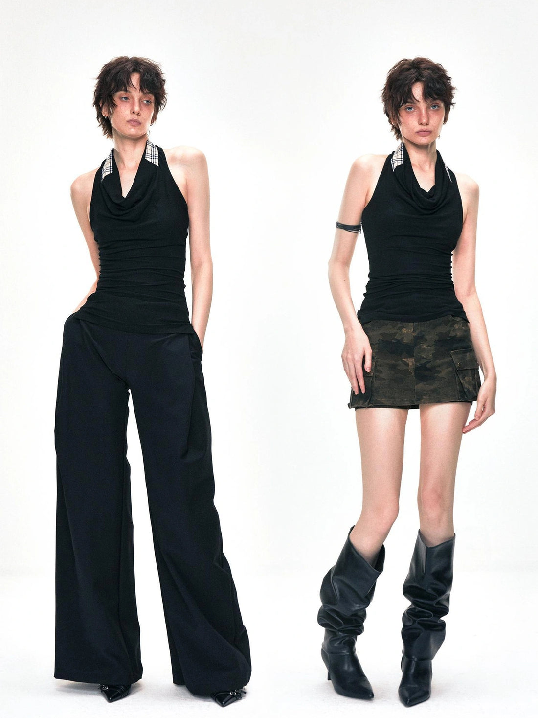kvkv Checkered Cowl Neck Halter Top
