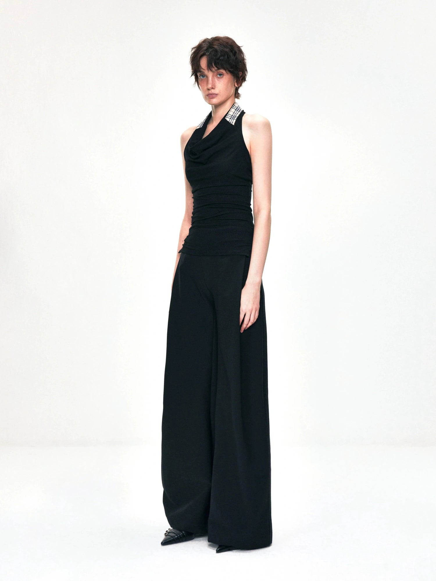 kvkv Checkered Cowl Neck Halter Top