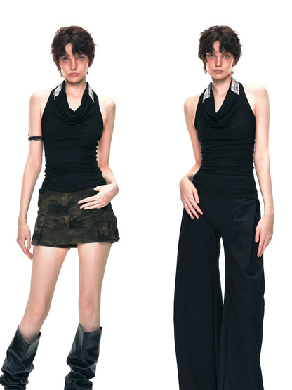 kvkv Checkered Cowl Neck Halter Top