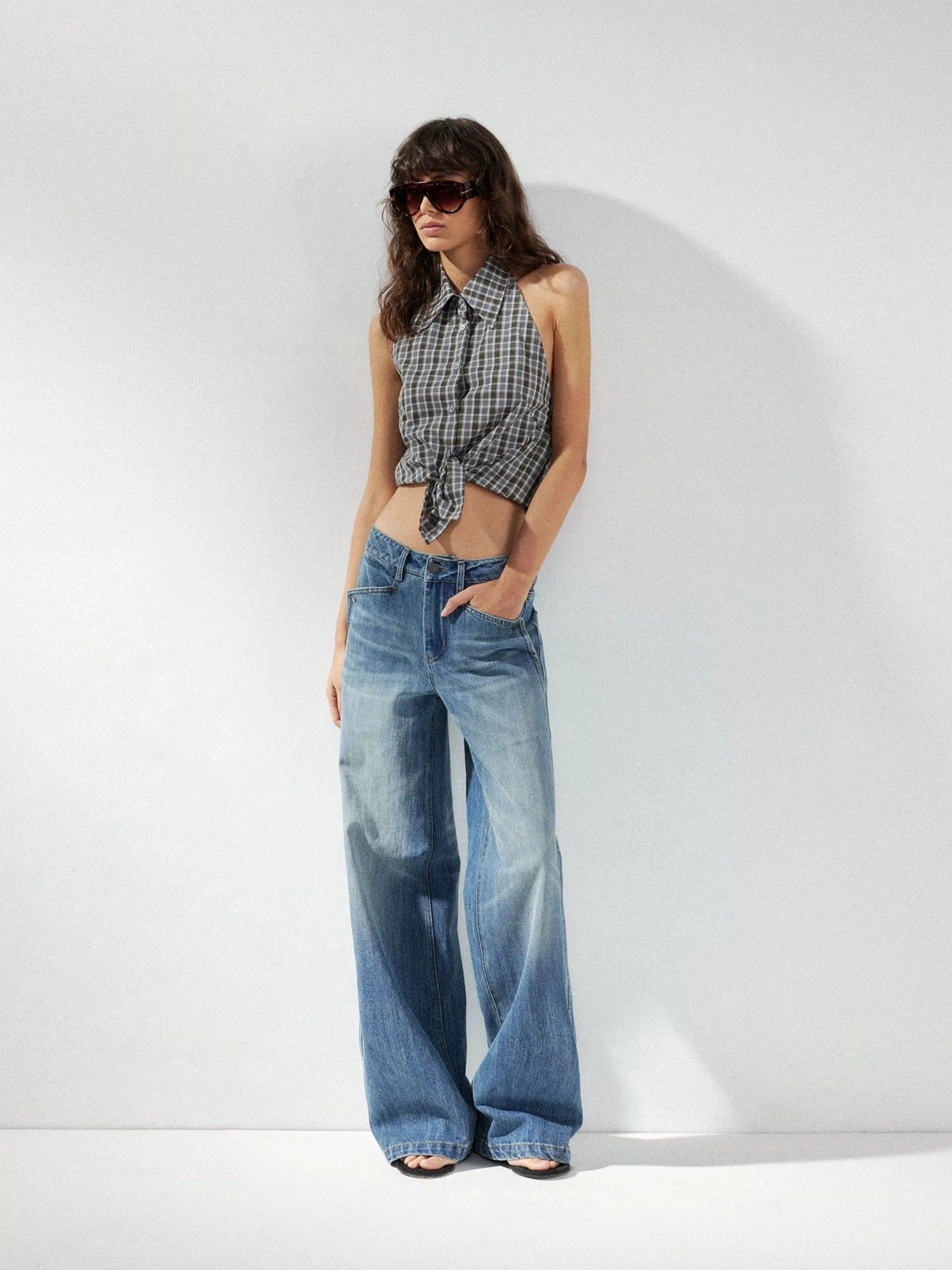 kvkv Checkered Halter Neck Shirt With Backless Design