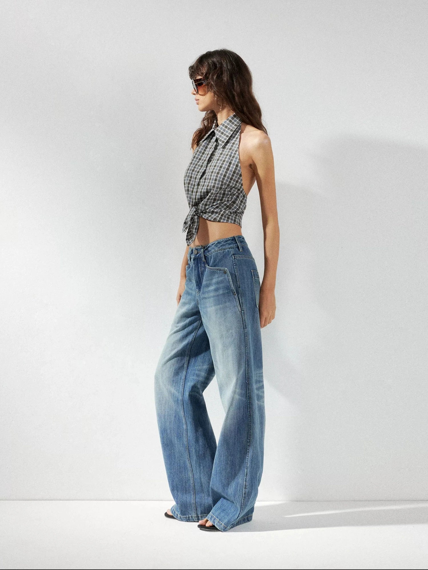 kvkv Checkered Halter Neck Shirt With Backless Design