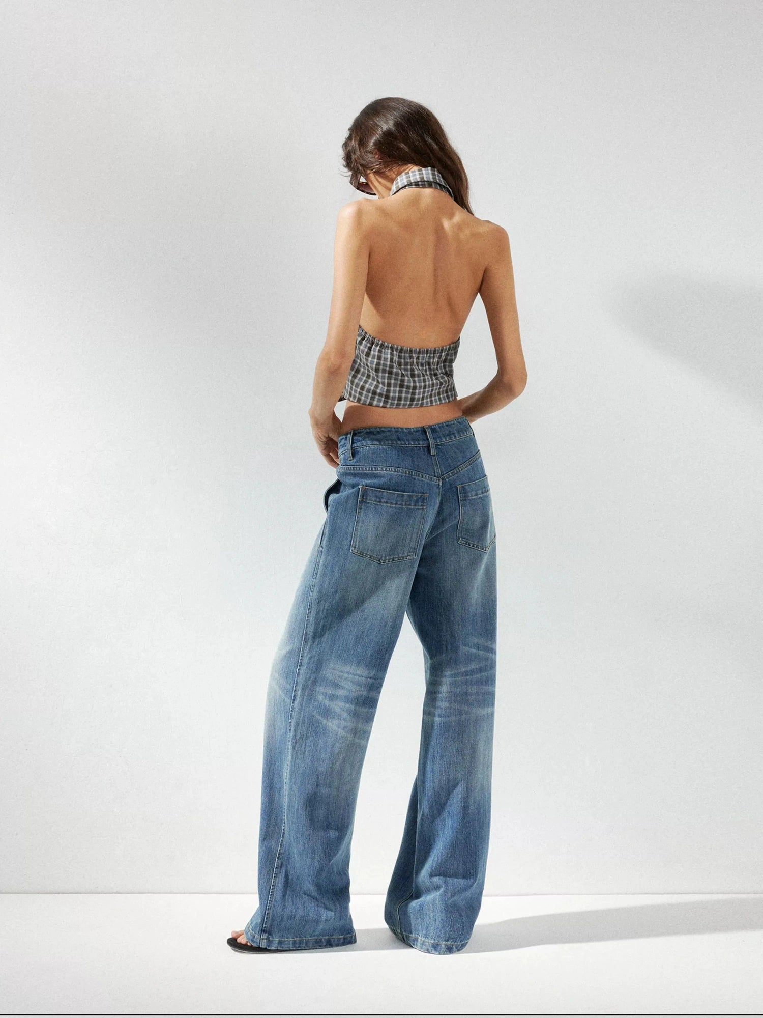 kvkv Checkered Halter Neck Shirt With Backless Design