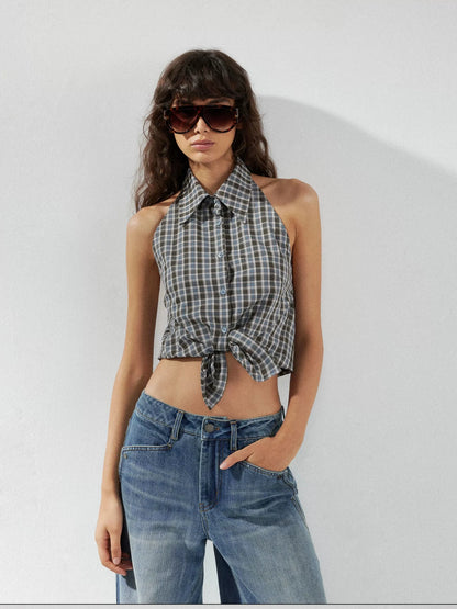 kvkv Checkered Halter Neck Shirt With Backless Design