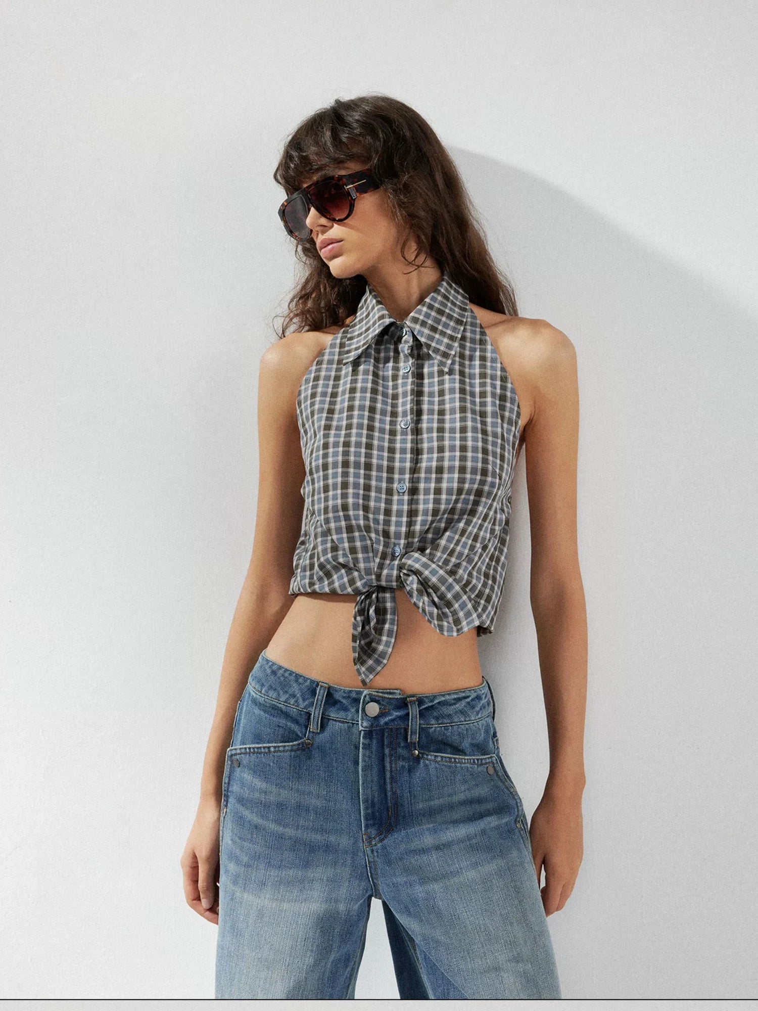 kvkv Checkered Halter Neck Shirt With Backless Design
