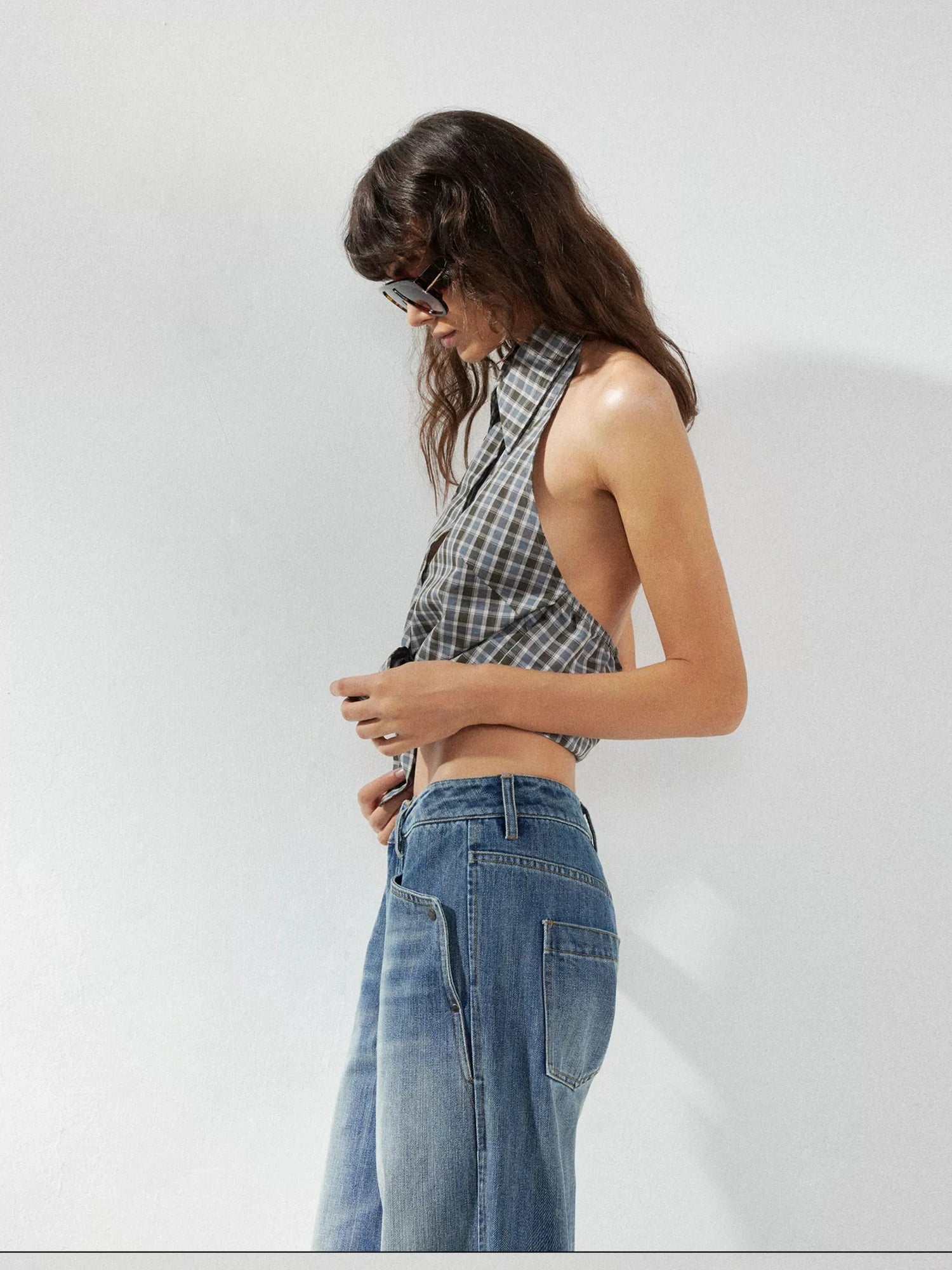 kvkv Checkered Halter Neck Shirt With Backless Design