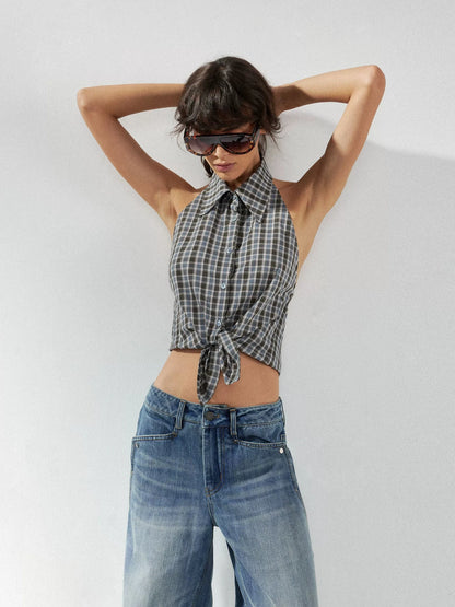 kvkv Checkered Halter Neck Shirt With Backless Design