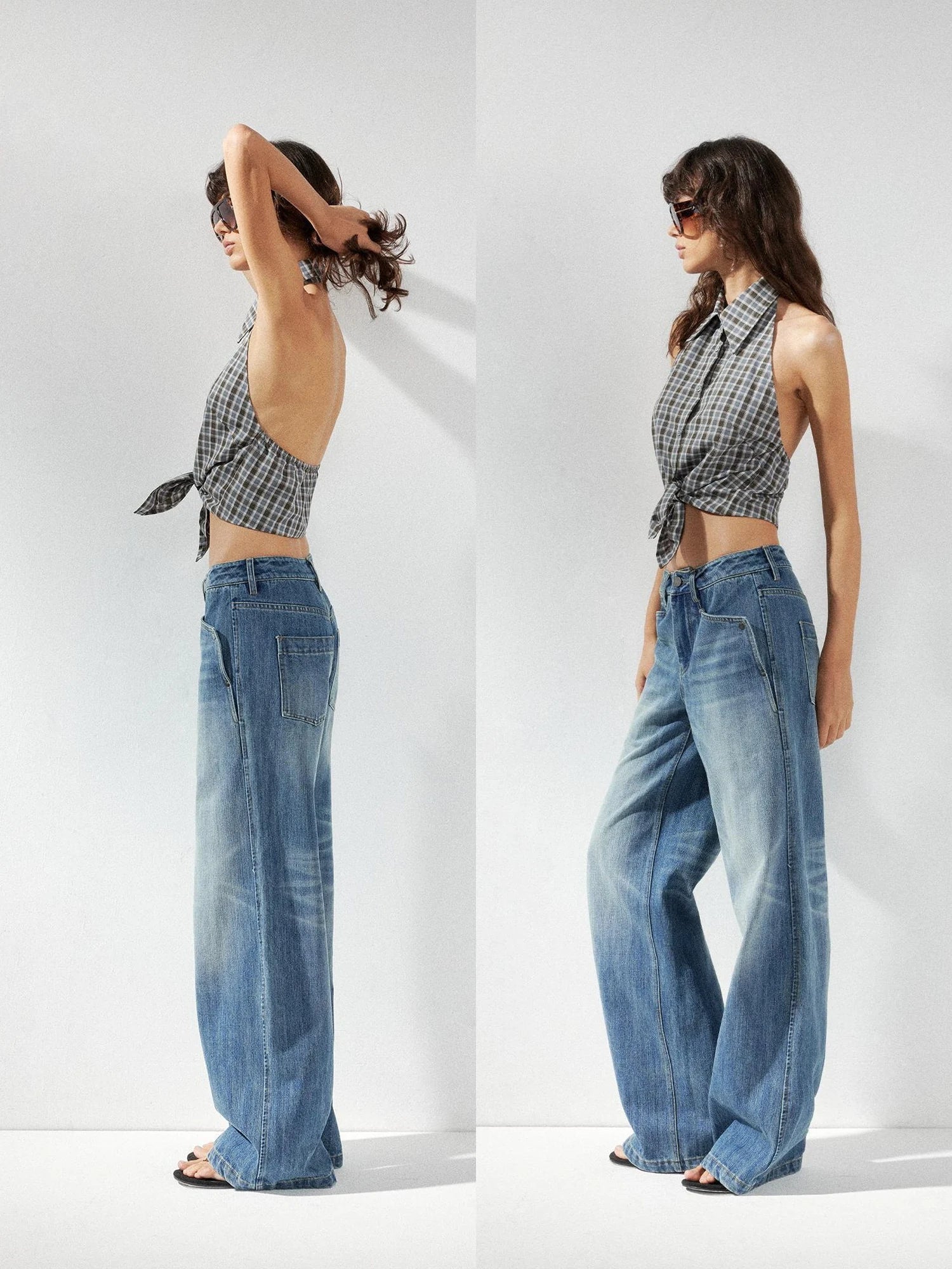 kvkv Checkered Halter Neck Shirt With Backless Design