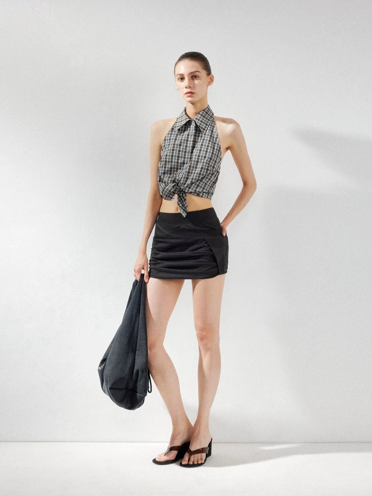 kvkv Checkered Halter Neck Shirt With Backless Design