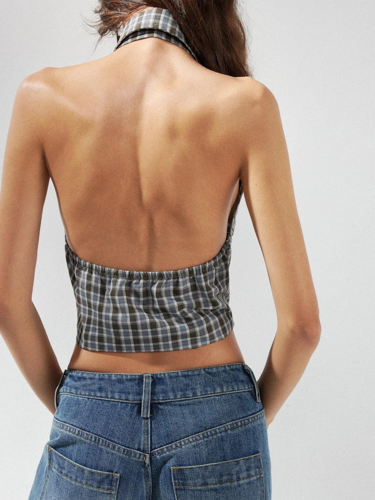 kvkv Checkered Halter Neck Shirt With Backless Design